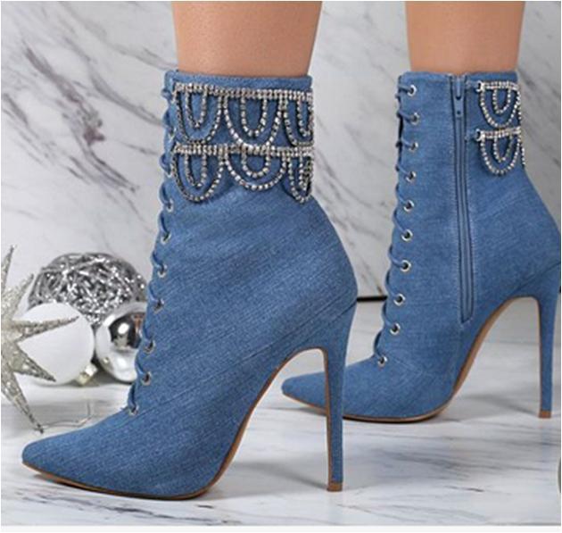 Rhinestone Chain Stiletto, Pointed Toe Women's Ankle Boots. Denim style.