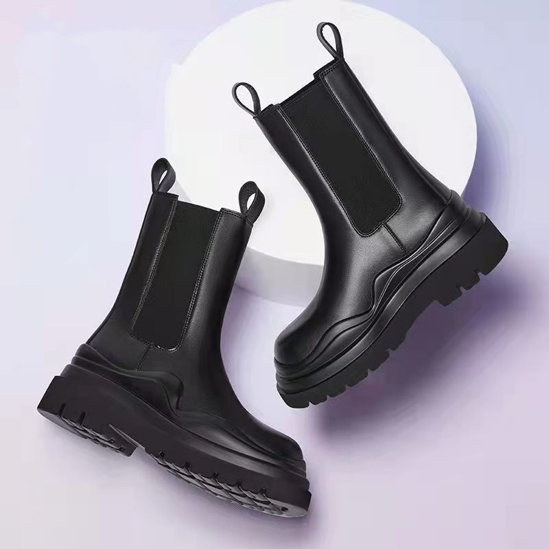 Women Chunky Heel Lower Calf Platform Boots