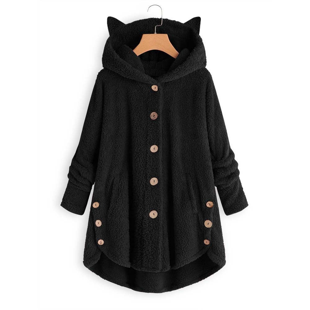 Autumn And Winter Button Hooded Cat Ear Plush Coat Irregular Fashion Brand Solid Color Coat Women