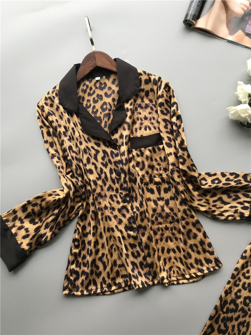 Lisacmvpnel Spring New Long Sleeve Pajamas Woman Ice Silk Fashion Leopard Print Sexy Pajama Set