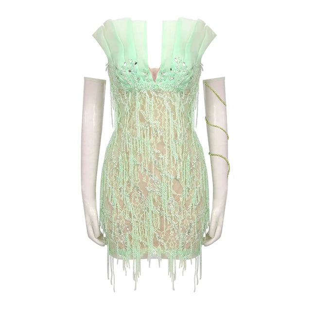 Beaded fringe light green strapless dress, birthday party performance dress