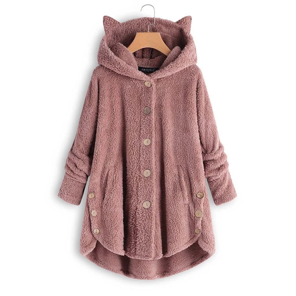 Autumn And Winter Button Hooded Cat Ear Plush Coat Irregular Fashion Brand Solid Color Coat Women