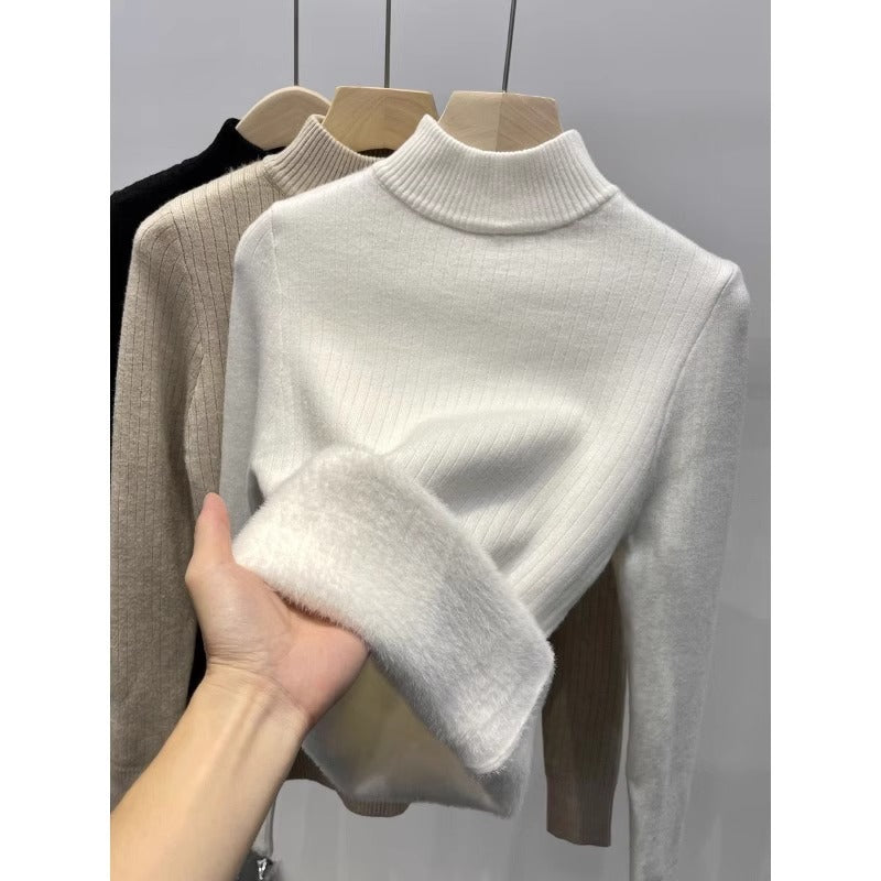 Thickened semi high neck sweater for women's autumn and winter new style with added velvet insulation and solid color versatile base knit sweater