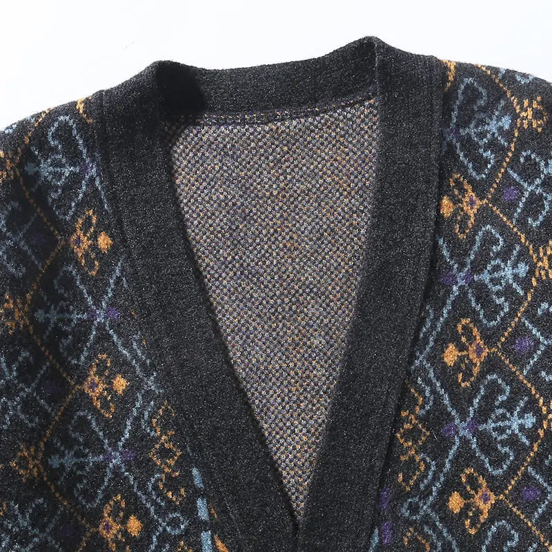 Men Vintage Jacquard Knit Taoist Robe Sweater Cardigan Sweatercoat Japanese Streetwear Loose Causal Knitted Sweater Jacket Men