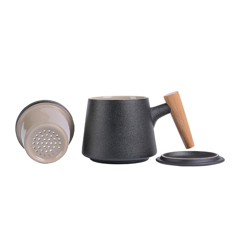 Wooden Handle Ceramic Tea Cup With Lid Filter Tea Cup Tea Water Separation Cup Flower Tea Cup Office Cup