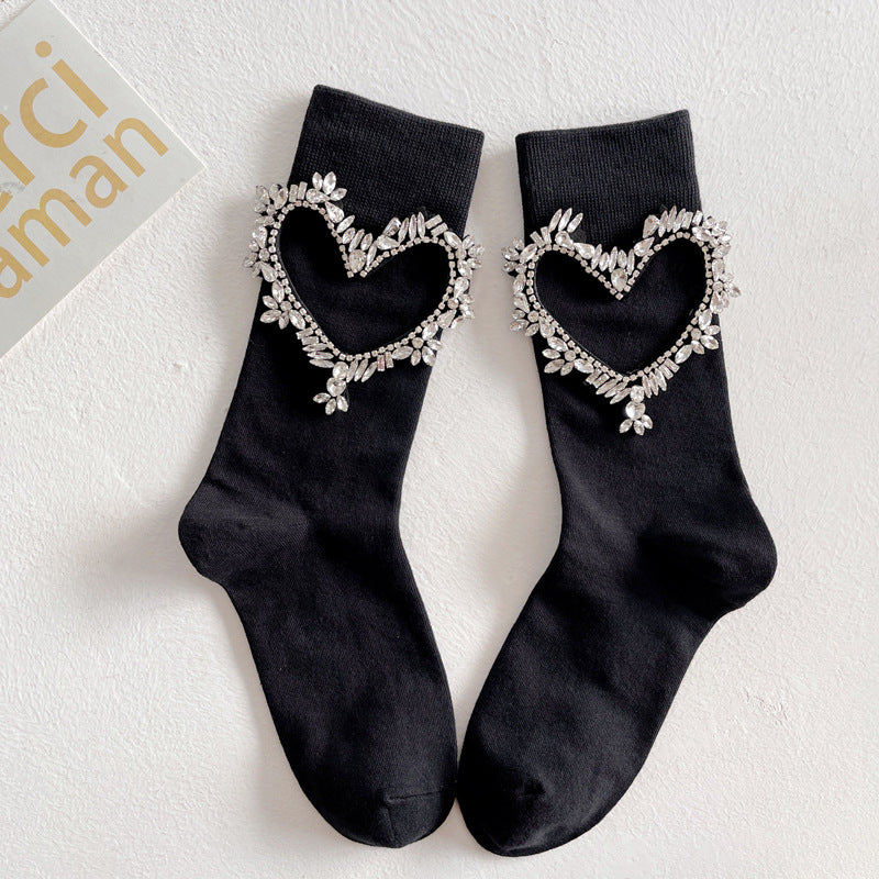 Summer and Spring European Luxury Love Diamond Black Chain Middle Tube Stacked Socks