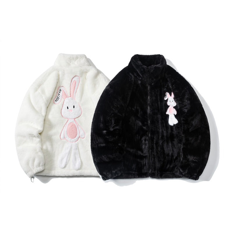 White rabbit-embroidered, velvet and cotton blend coat