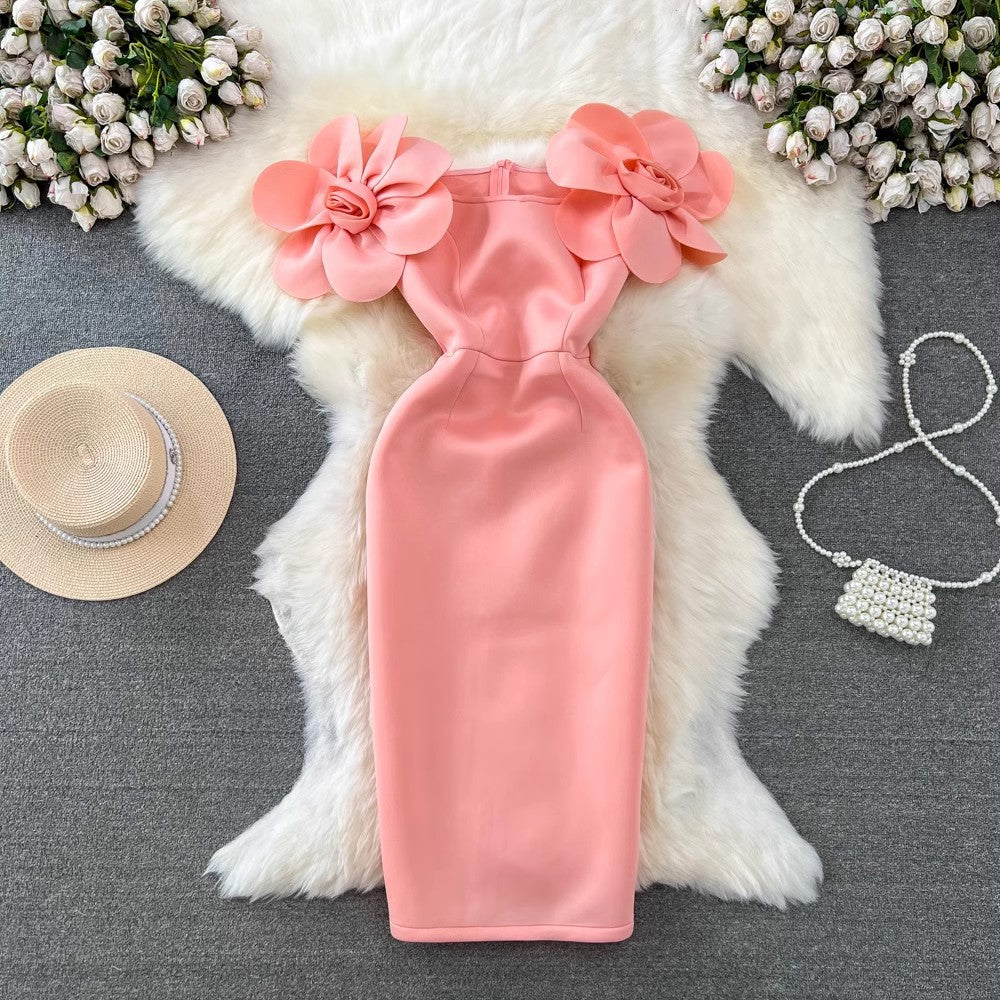 High end socialite temperament three-dimensional flower strapless slimming mid length air cotton wrapped hip dress dress