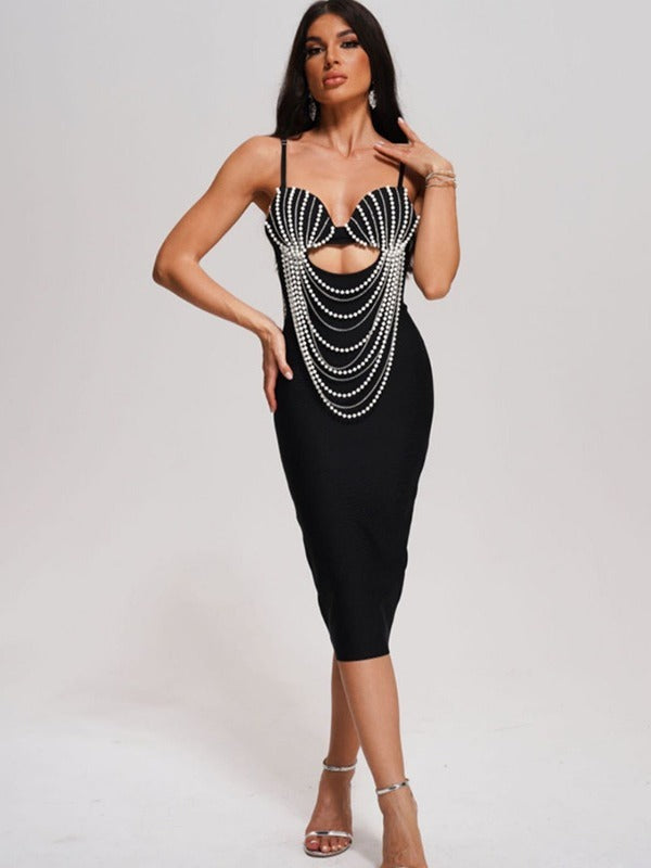 Sexy suspender heavy-duty beaded diamond chain front hollow hip-covering bandage skirt dress