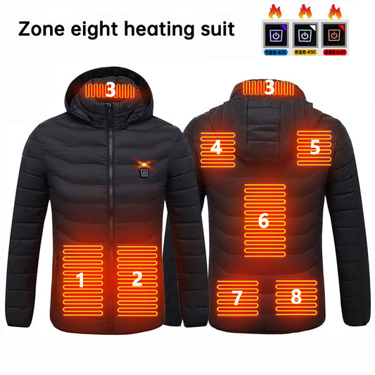 USB Rechargeable Smart Electrical 8 Plate Heating Winter Waterproof Mens Womens Long Sleeve Hoodie Down Jacket NO POWER BANK