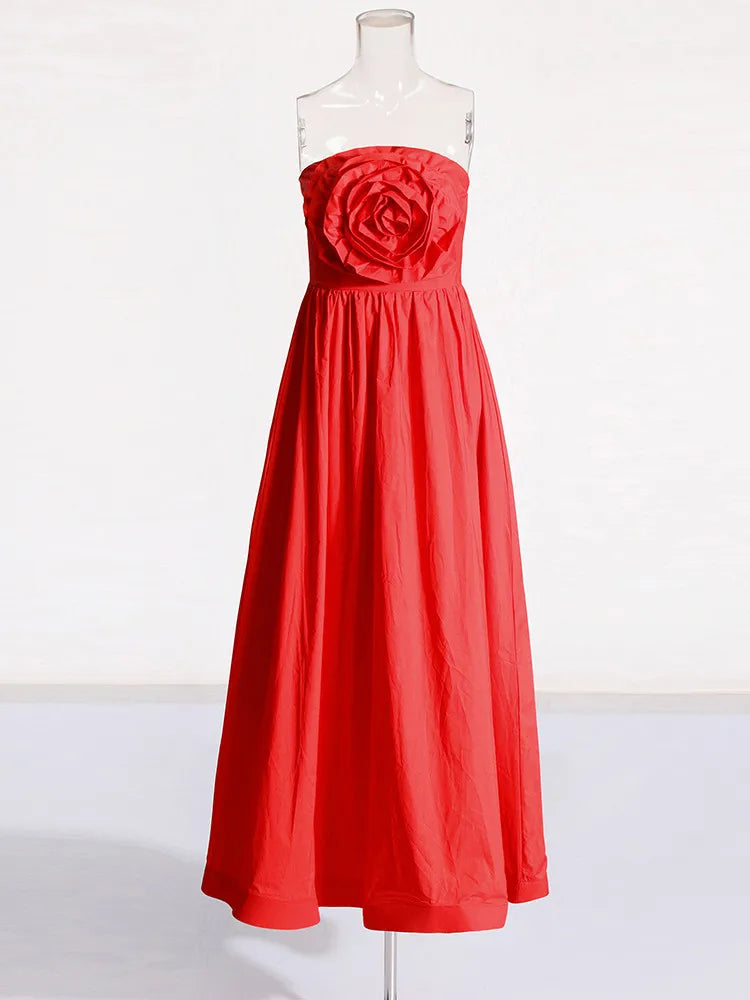 French socialite style strapless dress long skirt with flower patchwork high waist long dress for women