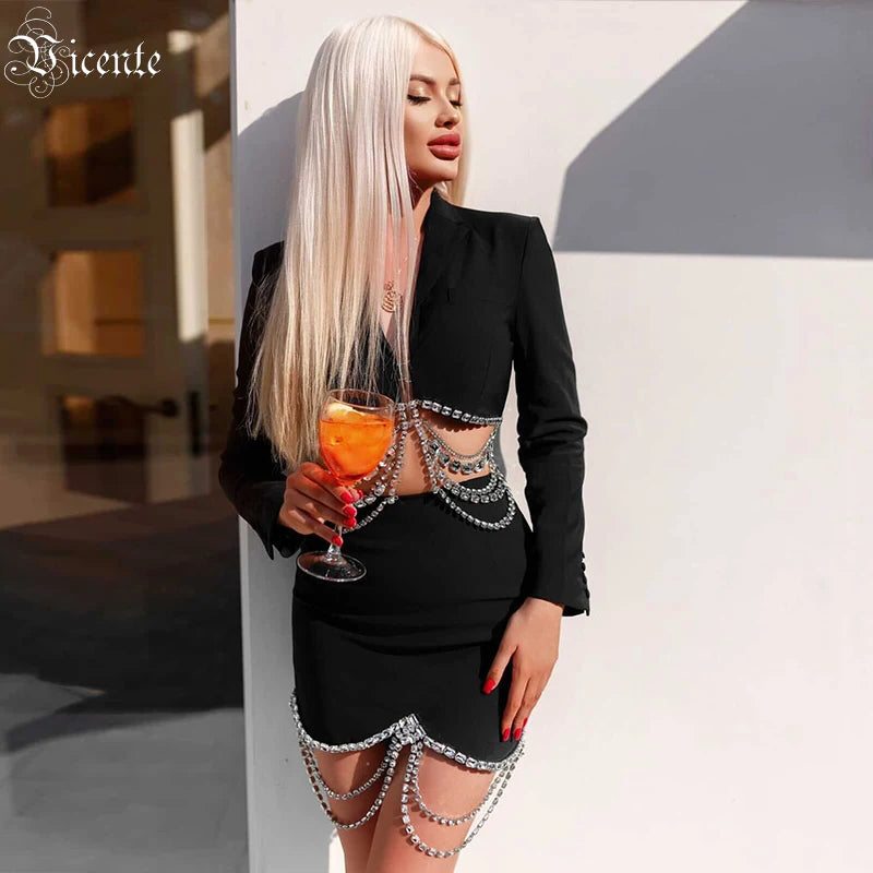 Two-piece Ladies Lapel Costume Diamon Chain Hollow Long-sleeved