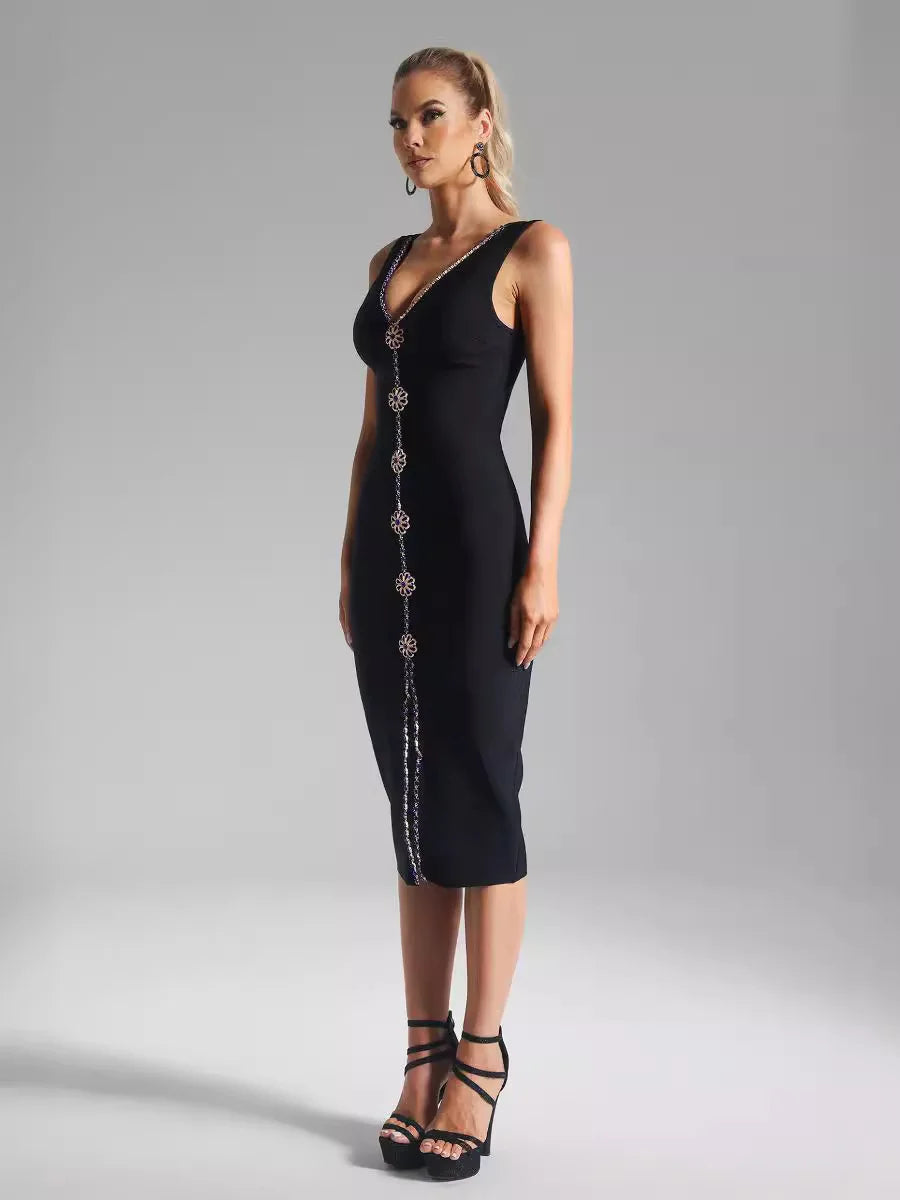 Black strap blue diamond inlaid mid size dress