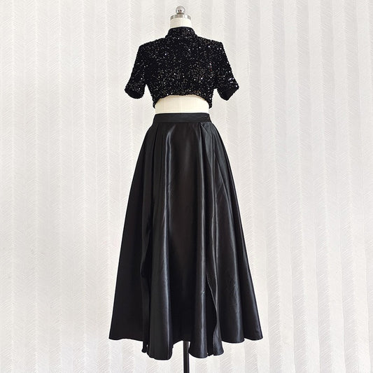 Elegant socialite heavy industry beaded stand-up collar short top wide slit trailing long skirt evening dress