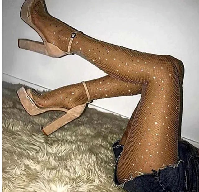 Bling Diamond Fishnet Pantyhose Summer Women Sexy Hollow Shiny Net Tights Female Slim White Rhinestone Mesh Thin Nylon Stockings