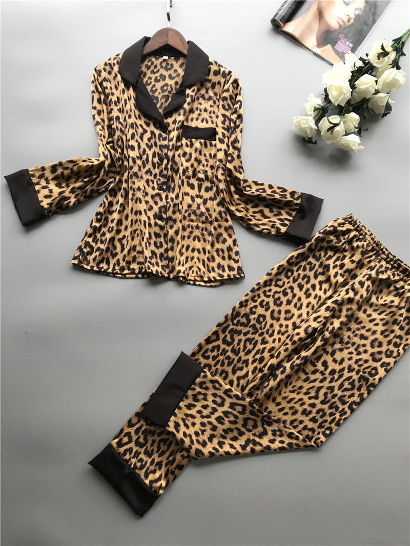 Lisacmvpnel Spring New Long Sleeve Pajamas Woman Ice Silk Fashion Leopard Print Sexy Pajama Set