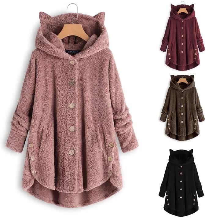 Autumn And Winter Button Hooded Cat Ear Plush Coat Irregular Fashion Brand Solid Color Coat Women