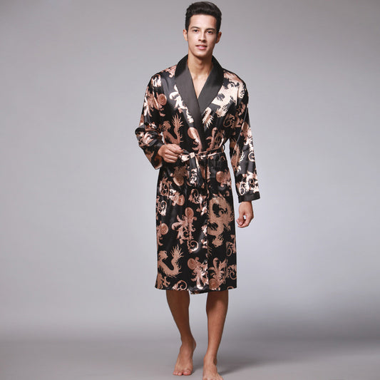 Nightgown Silk Ice Silk Men's Pajamas Men's Long Sleeve Nightgown Bathrobes Home Clothing