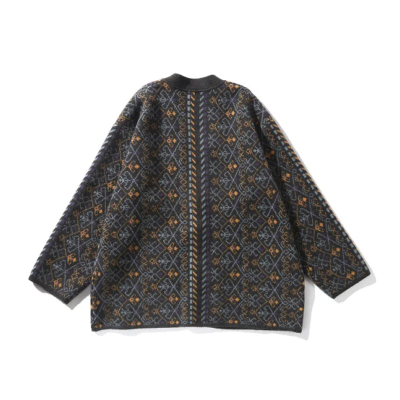 Men Vintage Jacquard Knit Taoist Robe Sweater Cardigan Sweatercoat Japanese Streetwear Loose Causal Knitted Sweater Jacket Men