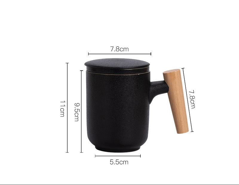 Ceramic Scrub Home Office Wooden Handle Stoneware Personal Mug with Lid Filter Tea Water Separation Tea Cup