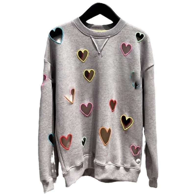 Small niche autumn and winter new grey round neck hollow out heart embroidered long sleeved hoodie for women