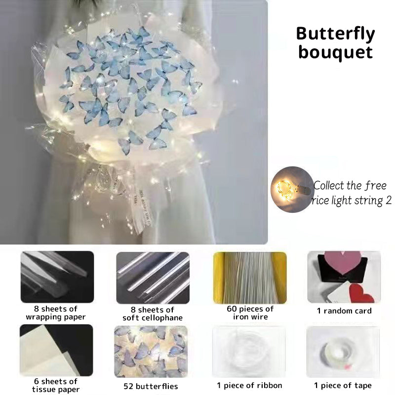 New DIY Butterfly Bouquets Handmade Butterfly Flower Material Package Bouquet with Light String Wedding Decor Gift for Girlfrien