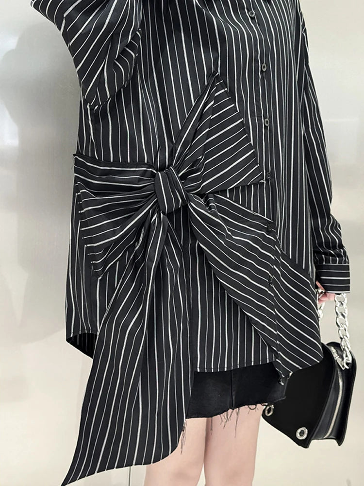 Fashion Women's Black Striped Shirt Lapel Loose Single Breasted Bow Irregular Long Sleeves Blouse Autumn  New