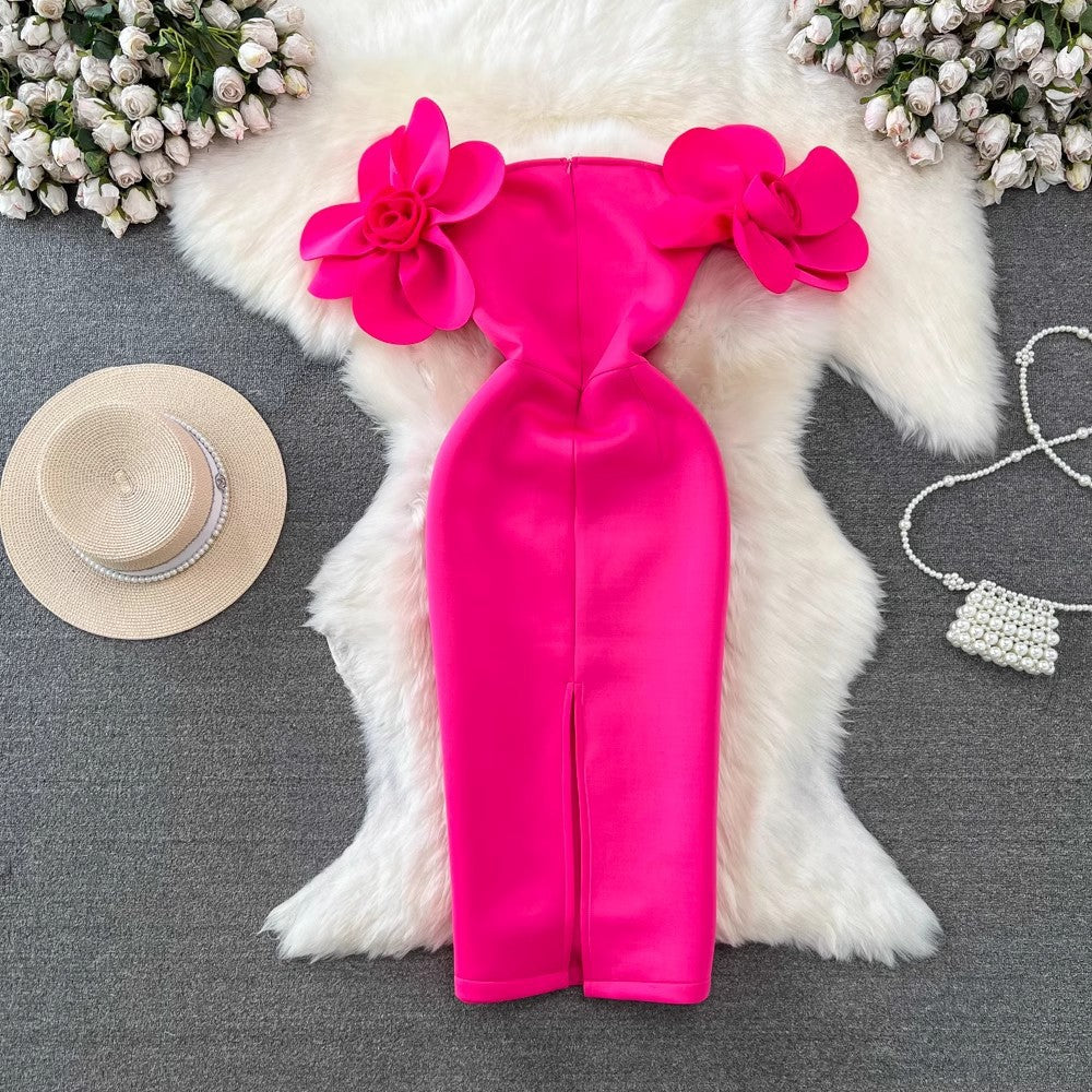 High end socialite temperament three-dimensional flower strapless slimming mid length air cotton wrapped hip dress dress