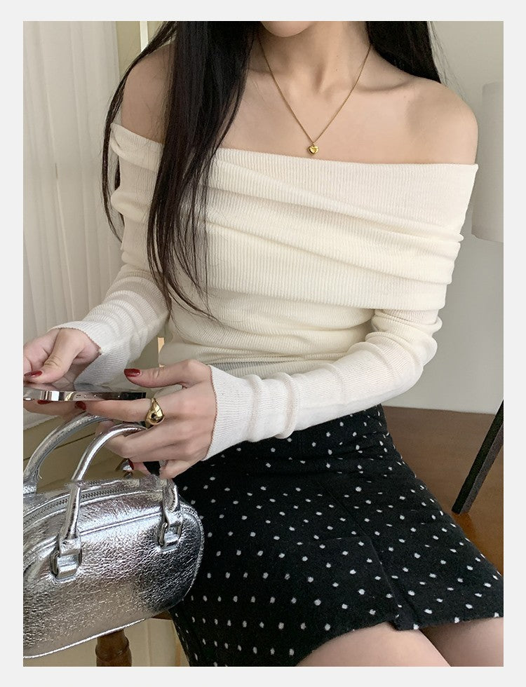 Off shoulder collarbone long sleeved one shoulder knitted sweater women's one neck base shirt outerwear