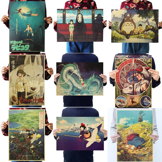 Hayao Miyazaki Anime Movie Poster set Kraft Paper Cafe Bar Retro Poster Decorative Painting Art Wall Stickers Home decor