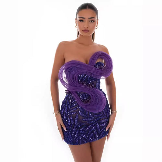 Fashionable backless one shoulder design strapless mesh sequin tight purple mini dress