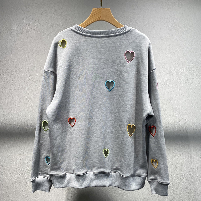 Small niche autumn and winter new grey round neck hollow out heart embroidered long sleeved hoodie for women