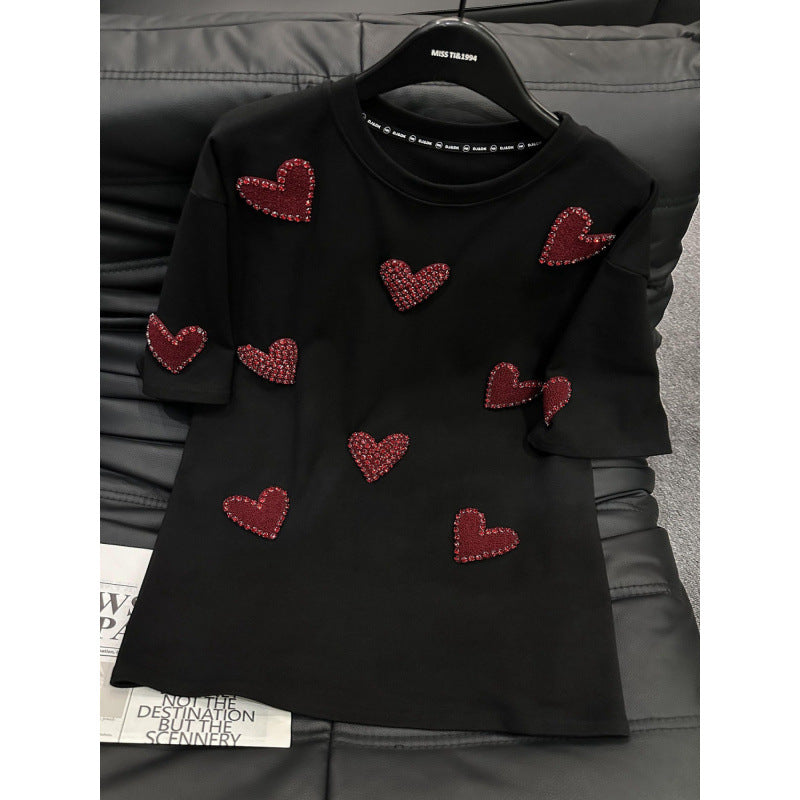 European goods heavy industry velvet inlaid diamond heart short sleeved T-shirt women's creative design base shirt top