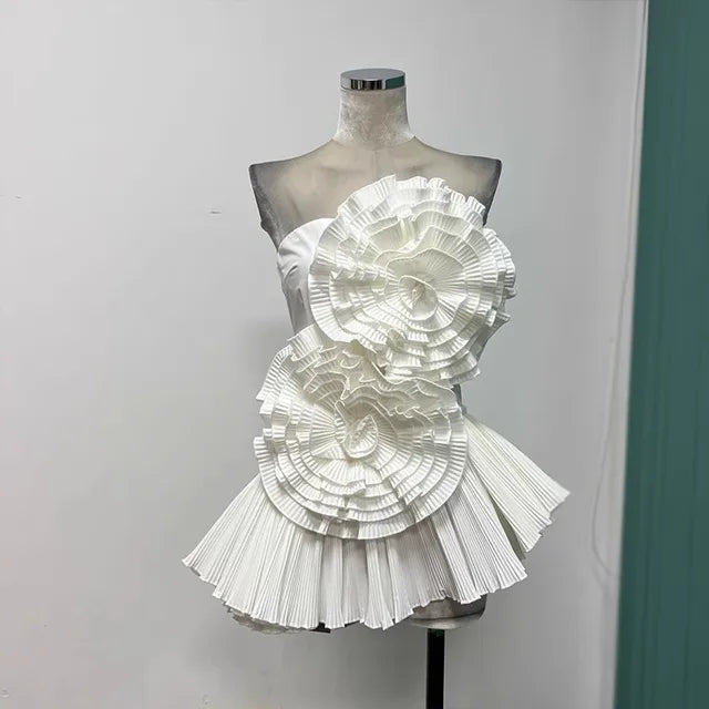 Summer 3D Flowers Irregular Hem Pleated Ruffles Shirt Women Sexy Slash Neck Sleeveless Strapless White Party Blouses Tube Tops