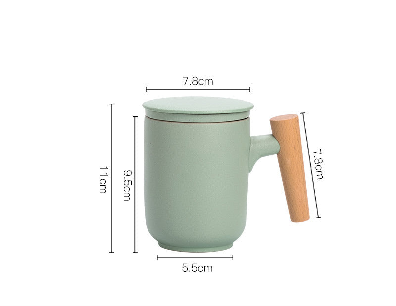 Ceramic Scrub Home Office Wooden Handle Stoneware Personal Mug with Lid Filter Tea Water Separation Tea Cup