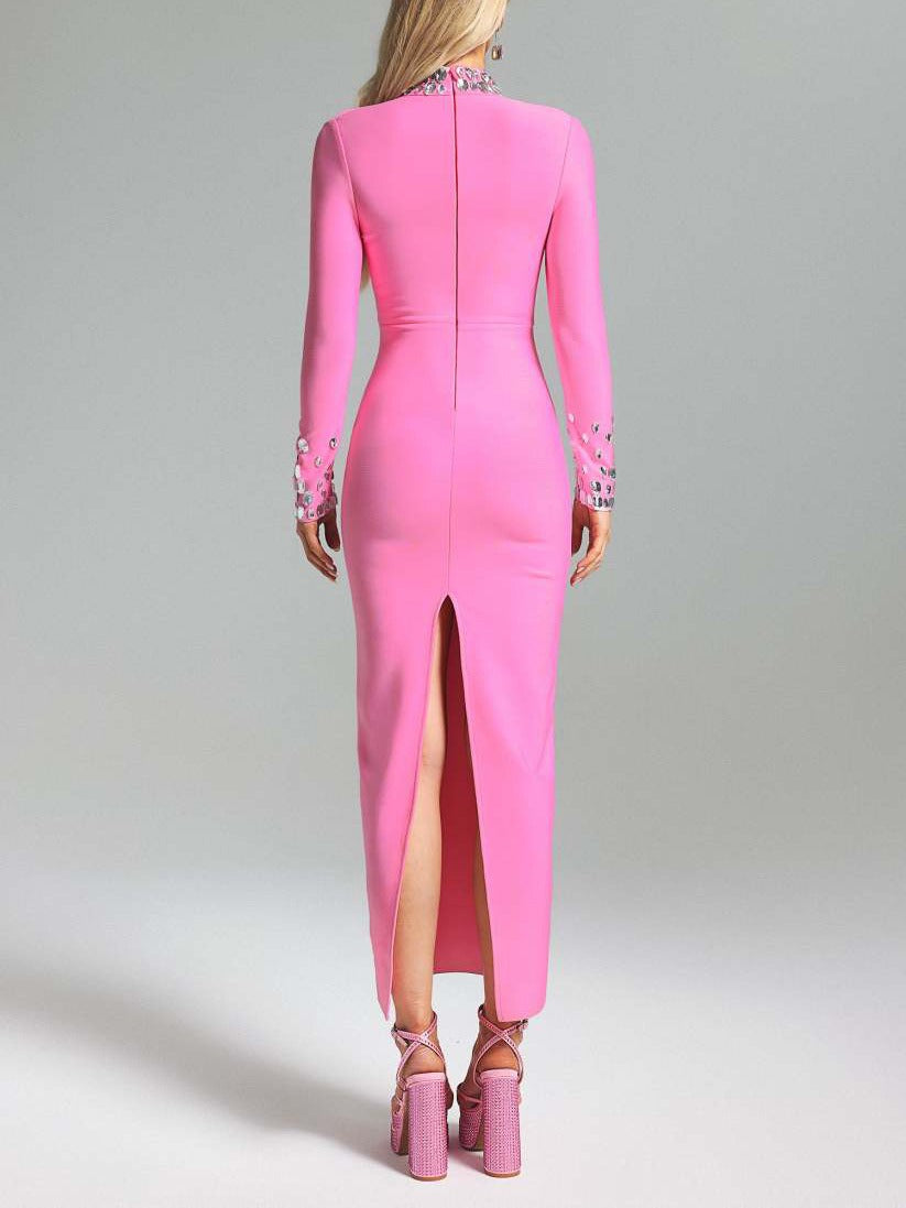 2025 Valentine Day Edition - long sleeved slit dress with mesh belt diamond round neck