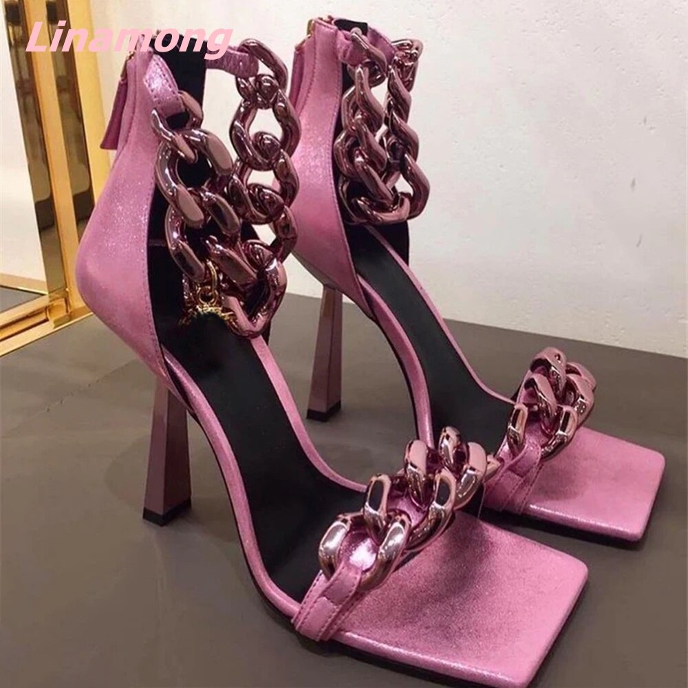 Metal Chain Women Sandals. Square Toe Faux Leather. Solid Novelty Casual Women Party Shoe