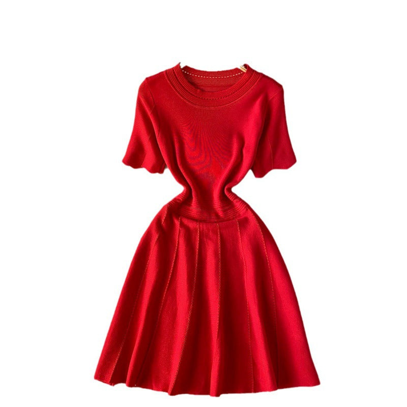 French high-end round neck short sleeved dress for socialite style, with a cinched waist and slimming temperament, retro A-line skirt for women in summer