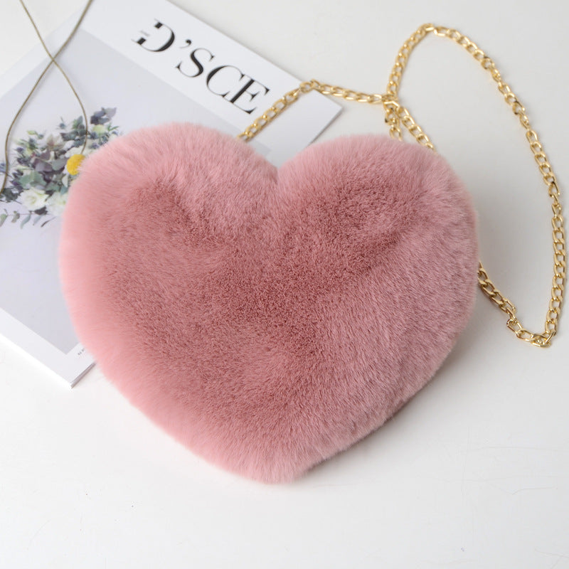 Fashion love heart bag peach heart bag women's chain messenger bag plush shoulder furry bag coin purse