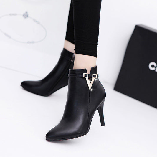 Botas Mujer Invierno 2021 Autumn Stiletto Thin High Heels Woman Pointed Toe Pu Leather Zipper Sexy Ankle Womens Boots A00339