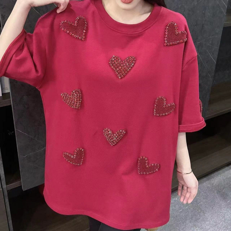 European goods heavy industry velvet inlaid diamond heart short sleeved T-shirt women's creative design base shirt top