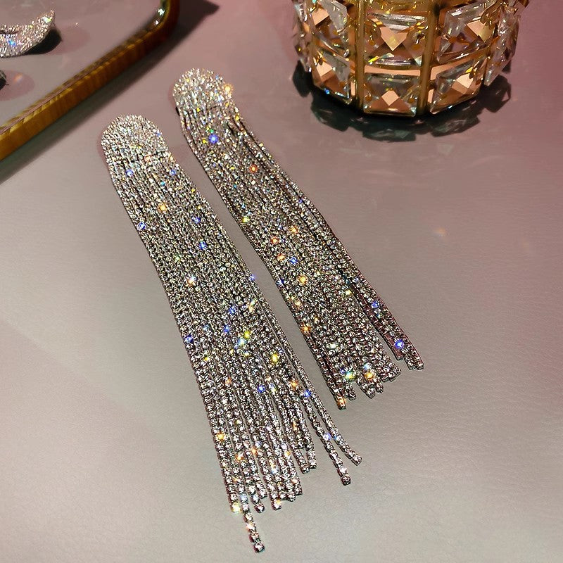 Full diamond long tassel high-end earrings with fashionable temperament for women