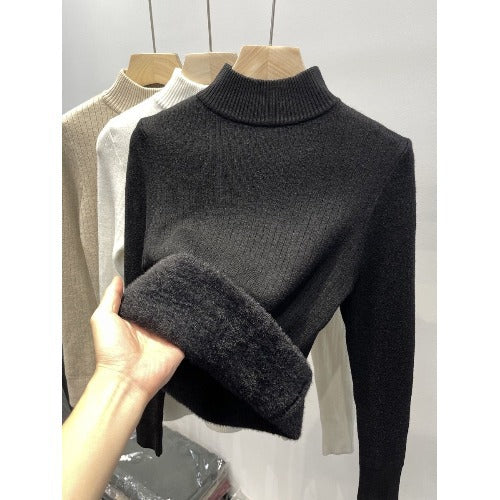 Thickened semi high neck sweater for women's autumn and winter new style with added velvet insulation and solid color versatile base knit sweater