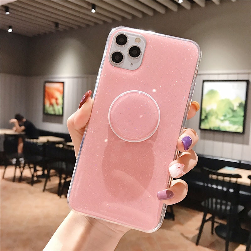 Candy Color Stand Holder Phone Case For iPhone 12 11 13 Pro Max XR XS Max X 6S 7 8 Plus 12 13 Pro Glitter Love Heart Back Cover