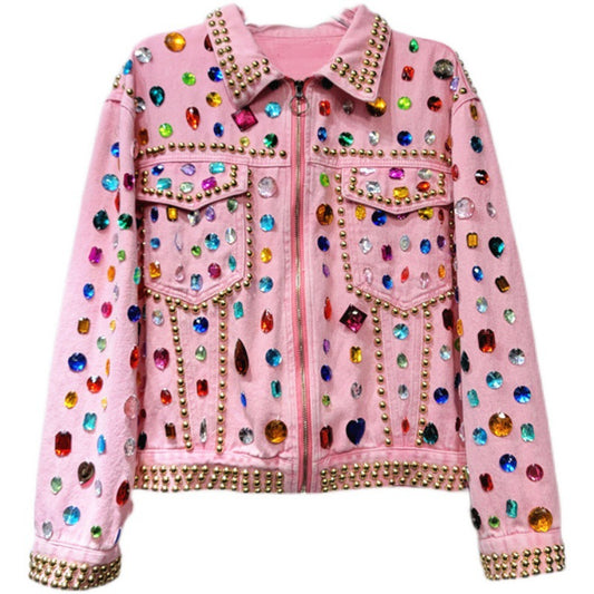 Heavy Work Rivet Beaded Diamond Pink Denim Jacket Casual Loose Zipper Lapel Long Sleeve Spring New Cowboy Coat Chaqueta Mujer