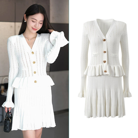 French socialite design with ruffle edge patchwork long sleeved dress for women, slim fit and slimming short skirt