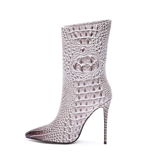 Croc pattern High Heel Short Boots. Ankle Boots.