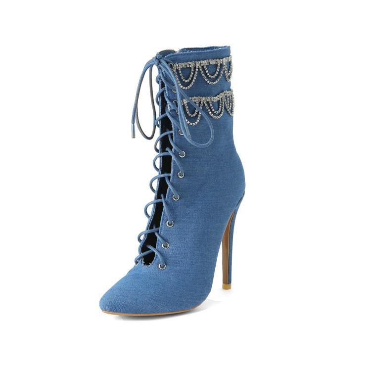 Rhinestone Chain Stiletto, Pointed Toe Women's Ankle Boots. Denim style.