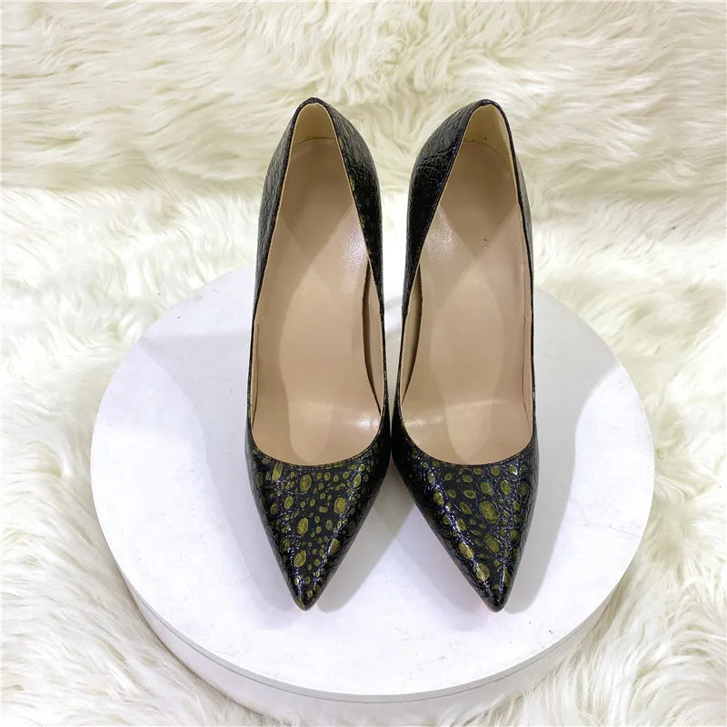 Brown Crocodile Effect Pointy Toe High Heel Shoes 12cm 10cm 8cm heel options. Slip On Stiletto Pumps