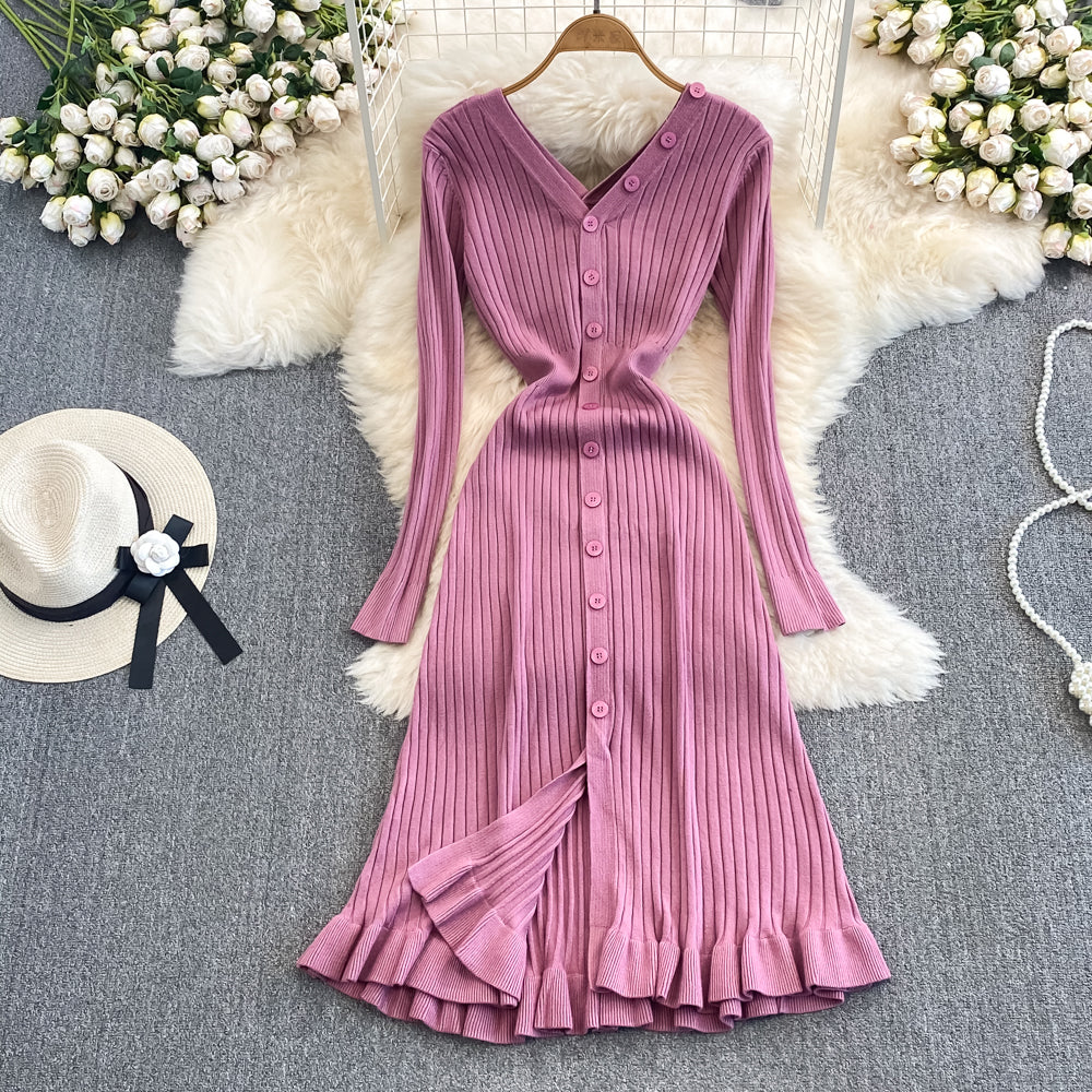 Feminine and socialite temperament long sleeved V-neck backless waist cinched mid length single breasted A-line knitted fishtail dress autumn